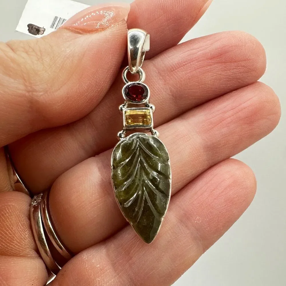 NWT Carved Vesuvianite leaf, faceted garnet/ citrine pendant in sterling silver!